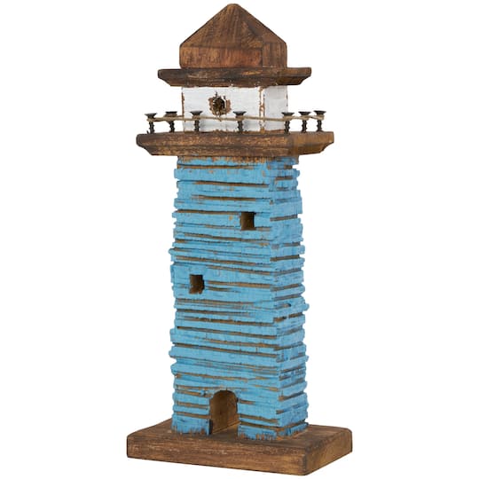 10" Red & Blue Wood Light Housee Sculpture Set